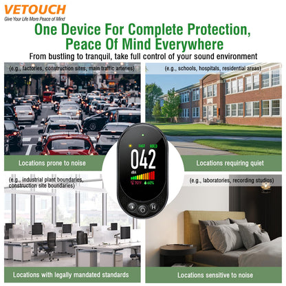 VETOUCH Plug-in Noise Meter Digital Sound Level, 3 in 1 Decibel Meter with Temp Humidity, 30-130dB Portable SPL, AC Powered, Data Hold, Max Min, Fast/Slow, 1.83" LCD, Meter for Home RV