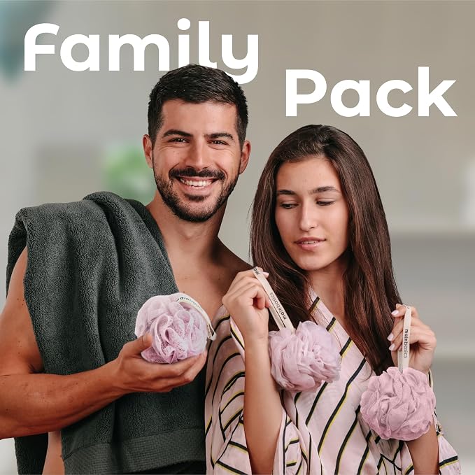 MainBasics Bath Shower Loofah Sponge Pouf Body Scrubber Exfoliator Body Wash Sponge (Set of 3, Perfectly Pink)