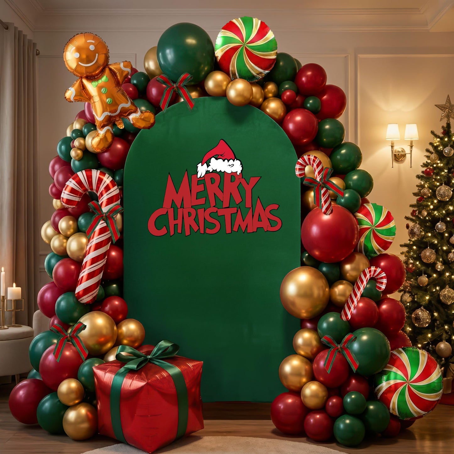 Christmas Balloon Garland Arch Kit with bow Xmas Gold Red Green Balloons Candy Cane Gift Box Gingerbread Man Foil Balloons for Christmas New Year Birthday Party Decorations