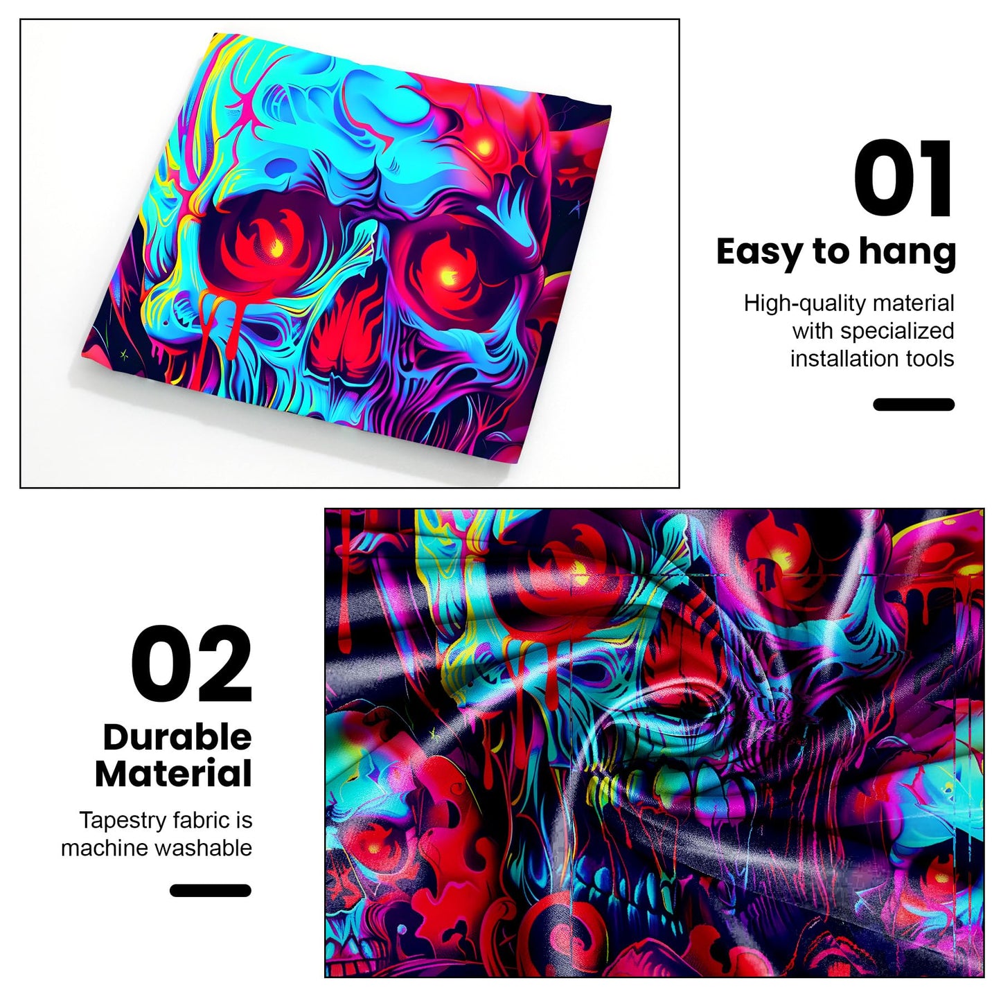 AOHMPT Blacklight Skeleton Tapestry - 79x59in UV Reactive Halloween Tapestry, Neon Melting Skulls Psychedelic Mushroom Wall Hanging, Trippy Glow in The Dark Aesthetic Room Decor for Bedroom