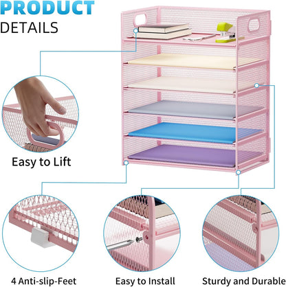 Marbrasse 6 Tier Paper Organizer Letter Tray - Mesh Desk File Organizer with Handle, Paper Sorter for Letter/A4 Office File Folder Holder -Pink