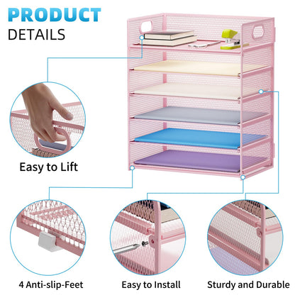 Marbrasse 6 Tier Paper Organizer Letter Tray - Mesh Desk File Organizer with Handle, Paper Sorter for Letter/A4 Office File Folder Holder -Pink