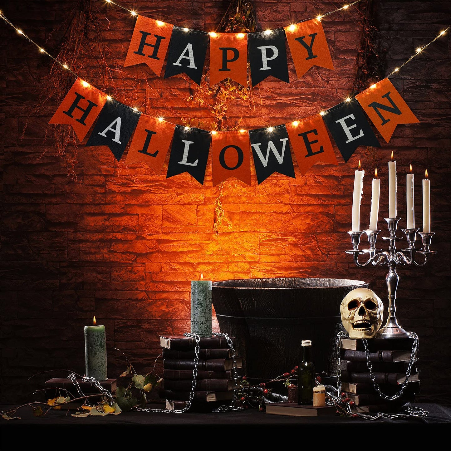 Happy Halloween Decoration Fabric Banner with String Light for Fireplace - Black & Orange Halloween Flag Party Mantel Hanging Decoration Supplies