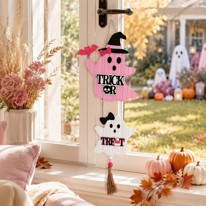 Valery Madelyn Pink Halloween Decorations, Cute Halloween Door Wreath Decorations, Ghost with Witch Hat Wooden Hanging Sign for Wall Window Door Handle, 16 inch