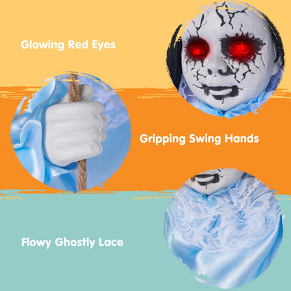 JOYIN 2 Pcs Hanging Ghosts Halloween Decorations Outdoor, 3ft Blue Swinging Creepy Sister Ghost with LED Red Light Eyes Creepy Girl Twins Doll Decor for Indoor Flying Props for Yard Patio Lawn Garden