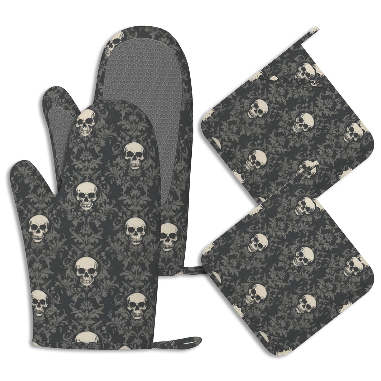 Gothic Black Skull Pot Holders and Oven Mitts Set Silicone Halloween Skulls Kitchen Gloves Potholders Heat Resistant Washable,Chef Cooking Baking Gifts for Women Men Bakers Lover Cooks