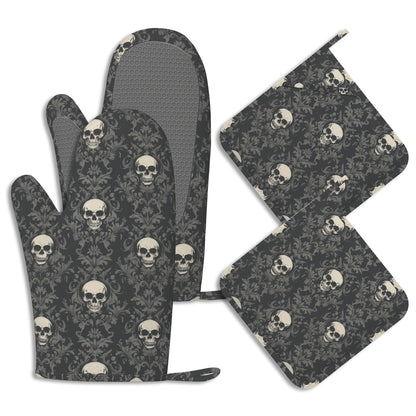 Gothic Black Skull Pot Holders and Oven Mitts Set Silicone Halloween Skulls Kitchen Gloves Potholders Heat Resistant Washable,Chef Cooking Baking Gifts for Women Men Bakers Lover Cooks