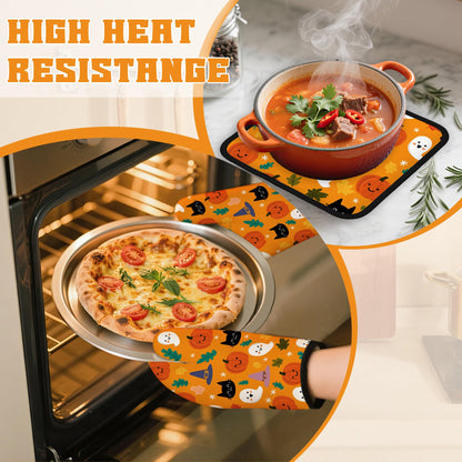 Halloween Pumpkins Oven Mitts and Pot Holders Set,Ghosts Black Cats Kitchen Decor Heat Resistant Non Slip Hot Pads and Oven Mitt for Chef Cooking Baking BBQ Mom Girl Gifts(4 Piece Set)