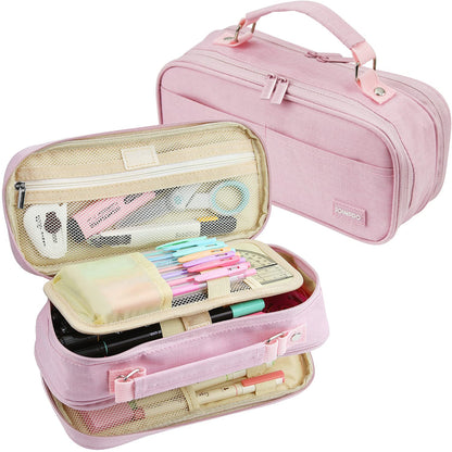JOINPRO Large Capacity Pencil Case, 4 Compartment Pen Pouch Organizer with Double Zipper, Storage Bag for School, Office, Teen Girl Boy Men Women (Pink)