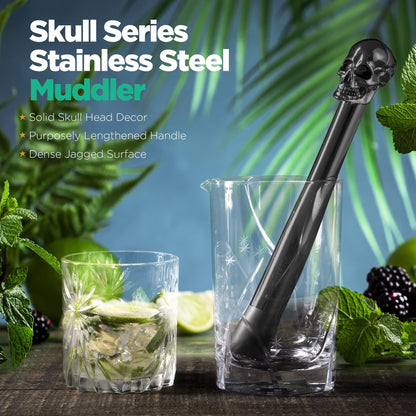 Homestia Black Skull Cocktail Muddler Set, Stainless Steel Bartender Tool Kit with Skull Muddler, Bar Spoon & Pick, Halloween Gothic Barware Gift Box & Cocktail Guide Set of 4