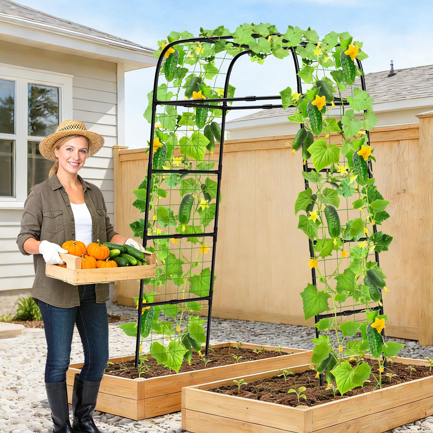 7ft Garden Arch Trellis for Climbing Plants Outdoor-Heavy Duty Metal Cucumber Trellis for Raised Beds- Tall Steel Vegetable Arbor for Climbing Vine Fruit Flower Yard Lawn Arch Tunnel Trellis