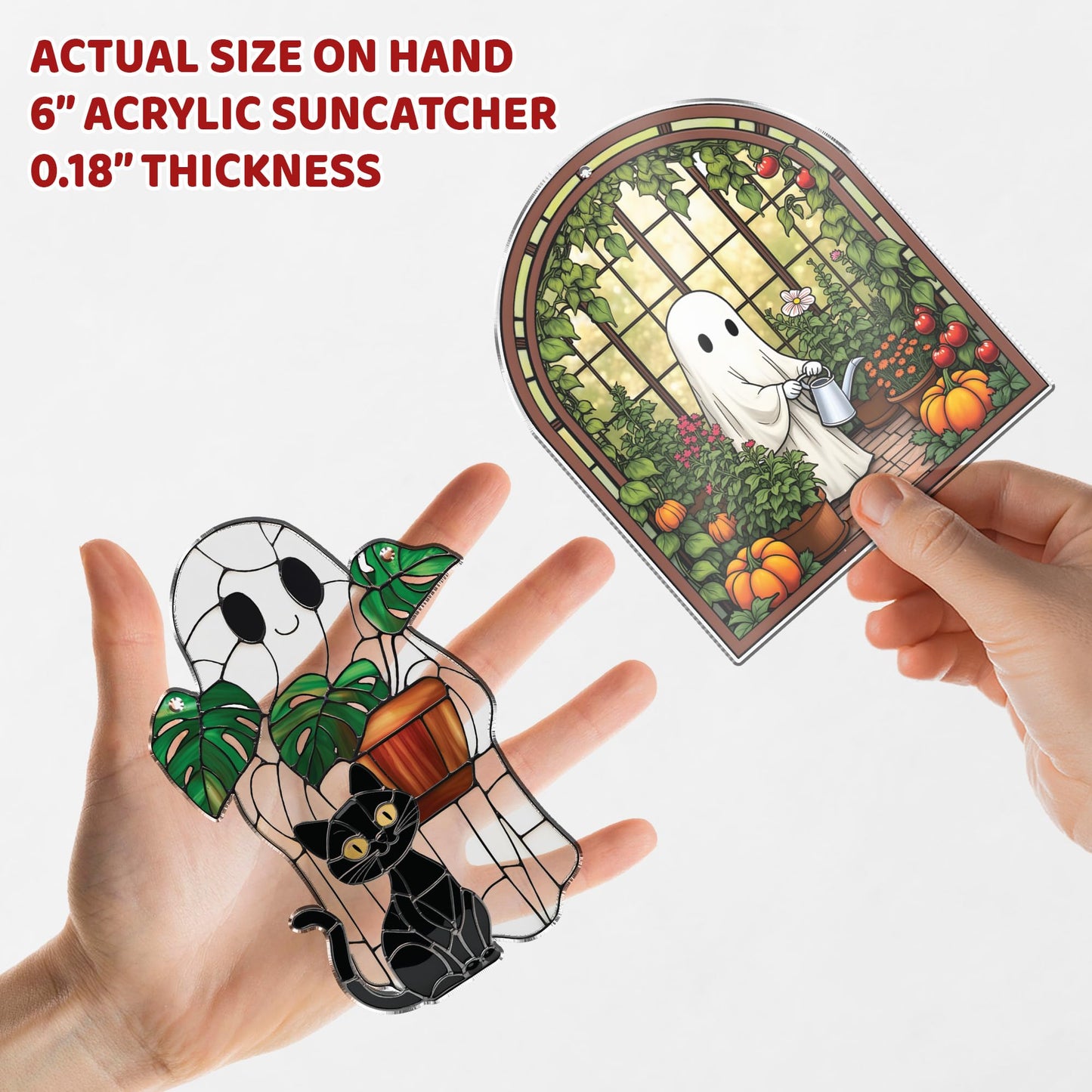 2 Cute Halloween Decoration Suncatchers, 6" Spooky Cute Ghost Plant Window Hangings, Ghost with Black Cat Greenhouse, Pumpkin Ornaments Home Garden, Gifts for Mom, Plant Lovers, Women, Girl SS358