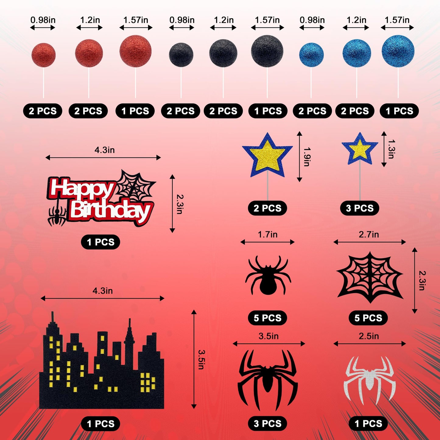 Firleayo 36pcs Spider Cake Topper Spider Web Cake Decoration Spider Themed Cake Decorations Glitter Red Blue Black Balls City Star Cupcake Topper for Boys Men Birthday Party Baby Shower Supplies