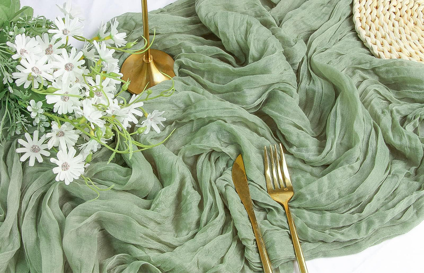 FEXIA 3Pcs Sage Green Cheesecloth Table Runner for Baby Shower Decoration Summer Gauze Table Runner for Wedding Party Engagement Bridal Shower Home Decor Birthday Decoration (35x120 Inches)