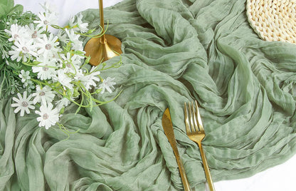 FEXIA 3Pcs Sage Green Cheesecloth Table Runner for Baby Shower Decoration Summer Gauze Table Runner for Wedding Party Engagement Bridal Shower Home Decor Birthday Decoration (35x120 Inches)