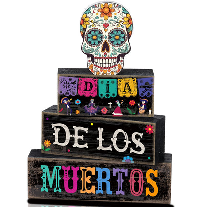 Lineshading 4 Pcs Day of The Dead Table Decorations Day of The Dead Centerpiece for Table Dia De Los Muertos Tiered Tray Decor Wood Sugar Skull Block Signs for Halloween Party Home Shelf Decoration