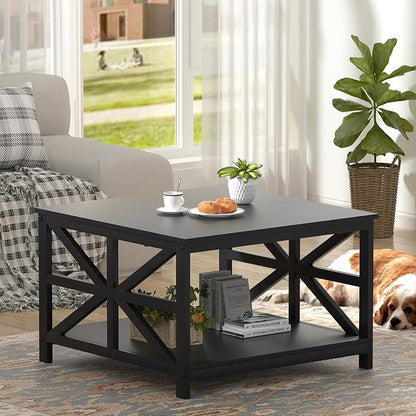 GreenForest Modern Living Room Coffee Table with 2 Tier Storage, Small Square Wood and Metal Farmhouse Center Table with Seamless One-Piece Tabletop, 27.55 Inch, Black