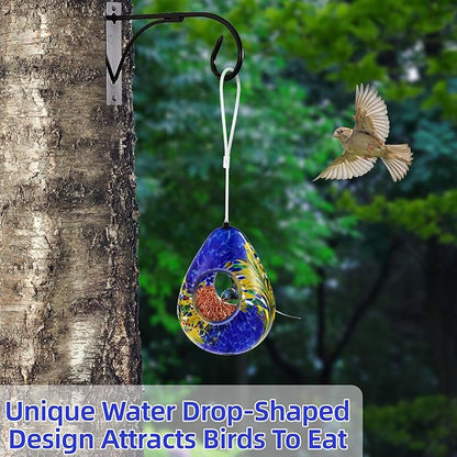 VOREEN Glass Bird Feeder, Handcrafted Hanging Fly-Through Feeder for Outdoor Garden & Backyard, Decorative Wild Bird Feeder with Steel Wire Cable,Blue