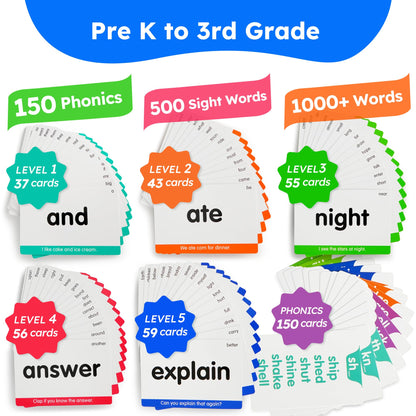 BenBen Sight Words & Phonics Flash Cards, 500 Sight Words & 800+ Words, Learn to Read CVC, Blends, Long Vowels, Dolch & Fry High Frequency Words for Pre-k Kindergarten 1st 2nd 3rd Grade Kids Ages 3-9