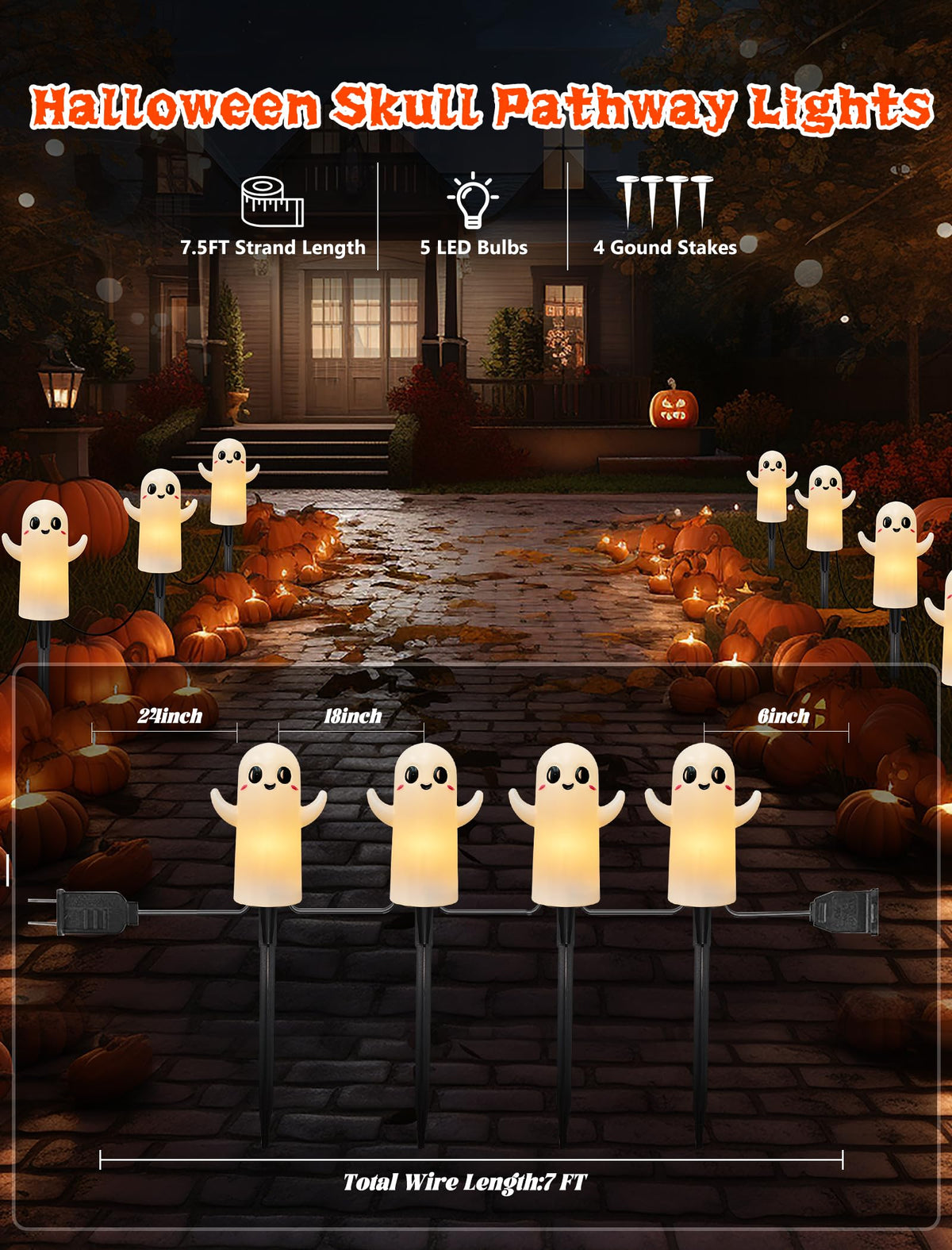 Halloween Ghosts Pathway Lights,4 Pack Ghosts Stake Lights with C7 Clear Bulbs,7Ft Extendable Waterproof Walkway Lights Halloween Decor for Yard Porch Lawn Pathway Garden