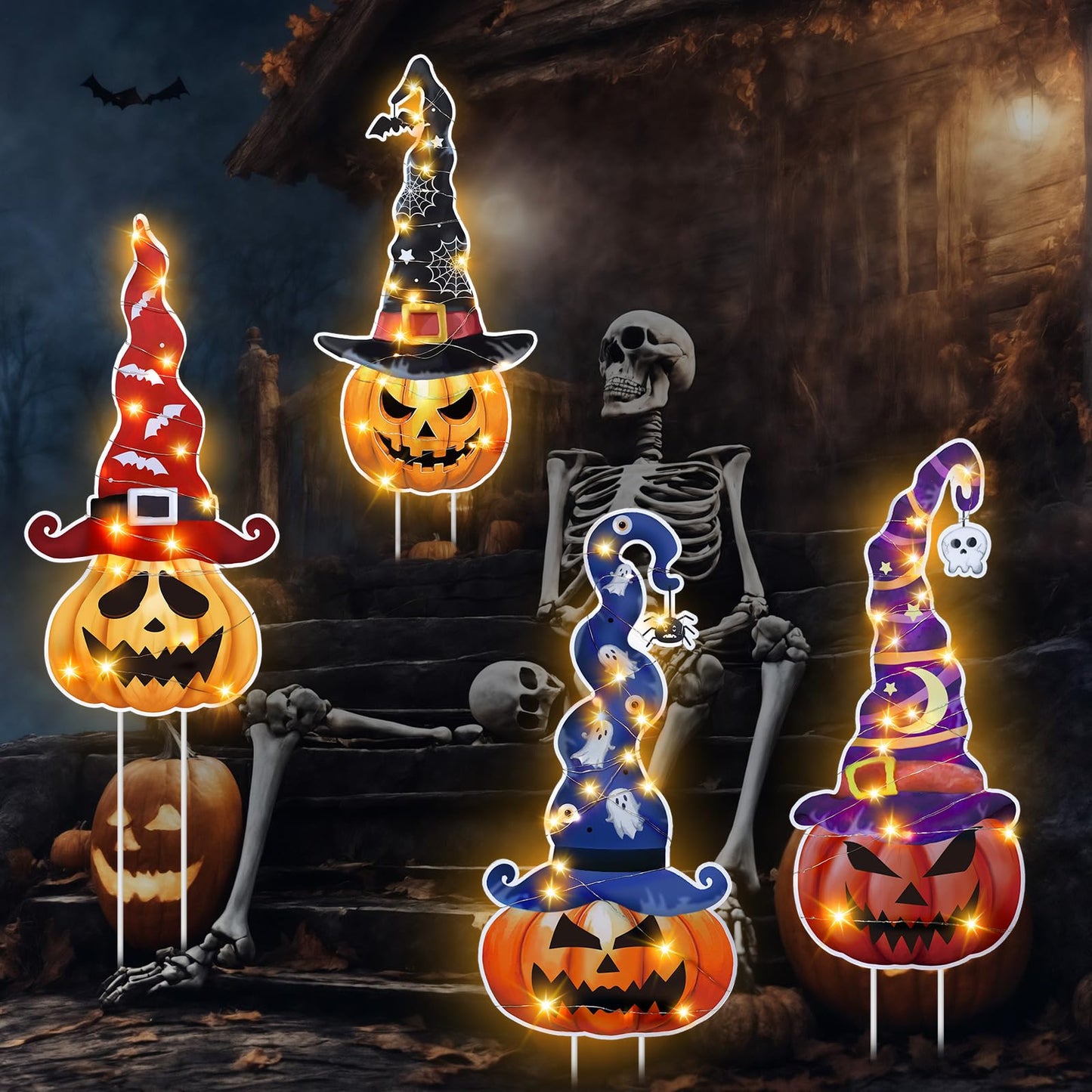 Leinuosen 4 Set Halloween Yard Signs, Pumpkin Garden Stakes with Witch Hats Jack O' Lantern Pumpkin Outdoor Decor Plastic Halloween Art Stake for Garden Lawn Patio Porch Party Decorations