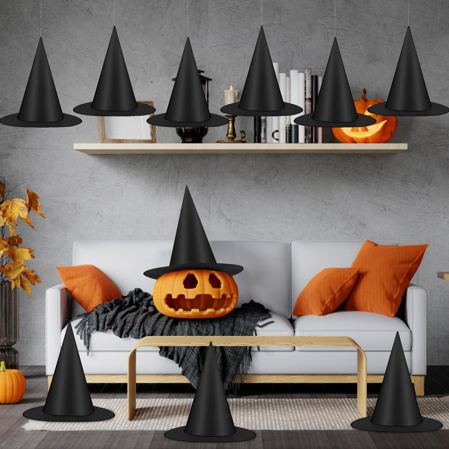 Luces 30 PCS Black Witch Hats, Witches Halloween Decor, Thickened Hanging Wizard Hat with 492 FT Rope Costume Accessory Floating Witches Hats Outdoor, Halloween Birthday Party Decorations Front Porch