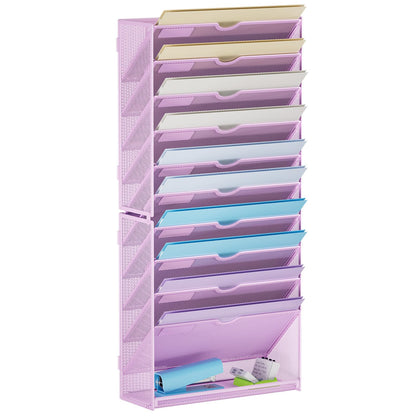 Marbrasse Wall File Holder 11-Tier Hanging Wall File Organizer, for Papers, Files Clipboard & Magazine Organizer, Wall Mount File Holder Great for Office Home (Purple)