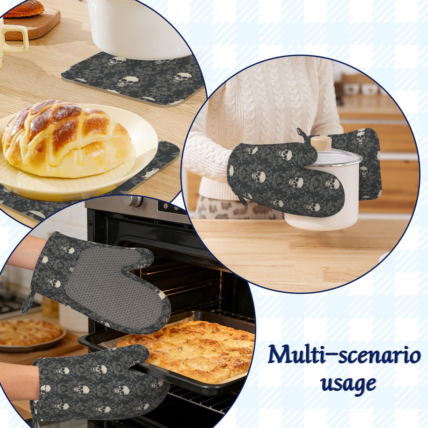 Gothic Black Skull Pot Holders and Oven Mitts Set Silicone Halloween Skulls Kitchen Gloves Potholders Heat Resistant Washable,Chef Cooking Baking Gifts for Women Men Bakers Lover Cooks