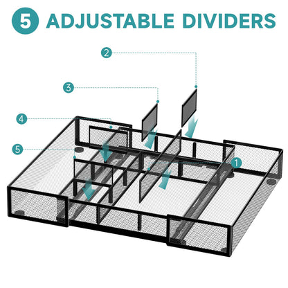 ReePlan 2 Pack Expandable Desk Drawer Organizer Tray with 10 Adjustable Compartments Metal Mesh Office Drawer Organizer for Home, School Supplies, Makeup Vanity & Jewelry (Black)