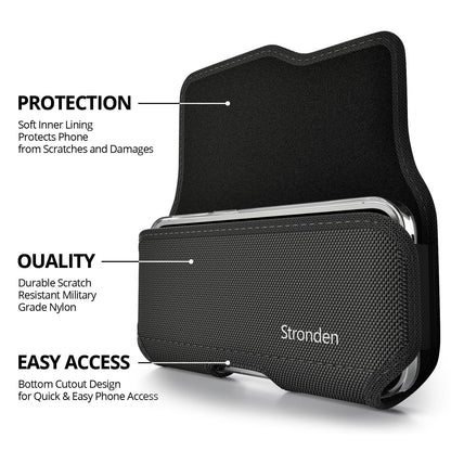 Stronden Magnetic Closure Holster for iPhone 17 Pro, 17e, 17, 16 Pro, 16, 16e, 15, 15 Pro, 14, 14 Pro, 13, 13 Pro, 12, 12 Pro - Military Grade Nylon Pouch with Metal Belt Clip & Loop (Fits Slim Case)