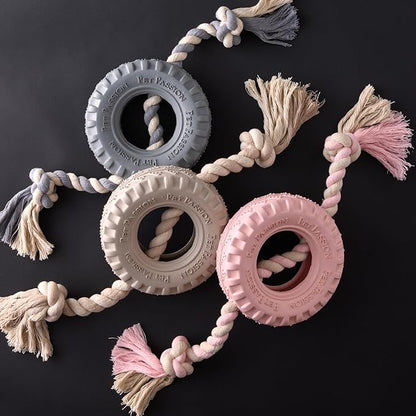 Pet Passion Natural Rubber Tire and Organic Cotton Rope Pull and Chew Dog Toy for All Pet Breeds, Gray, Medium