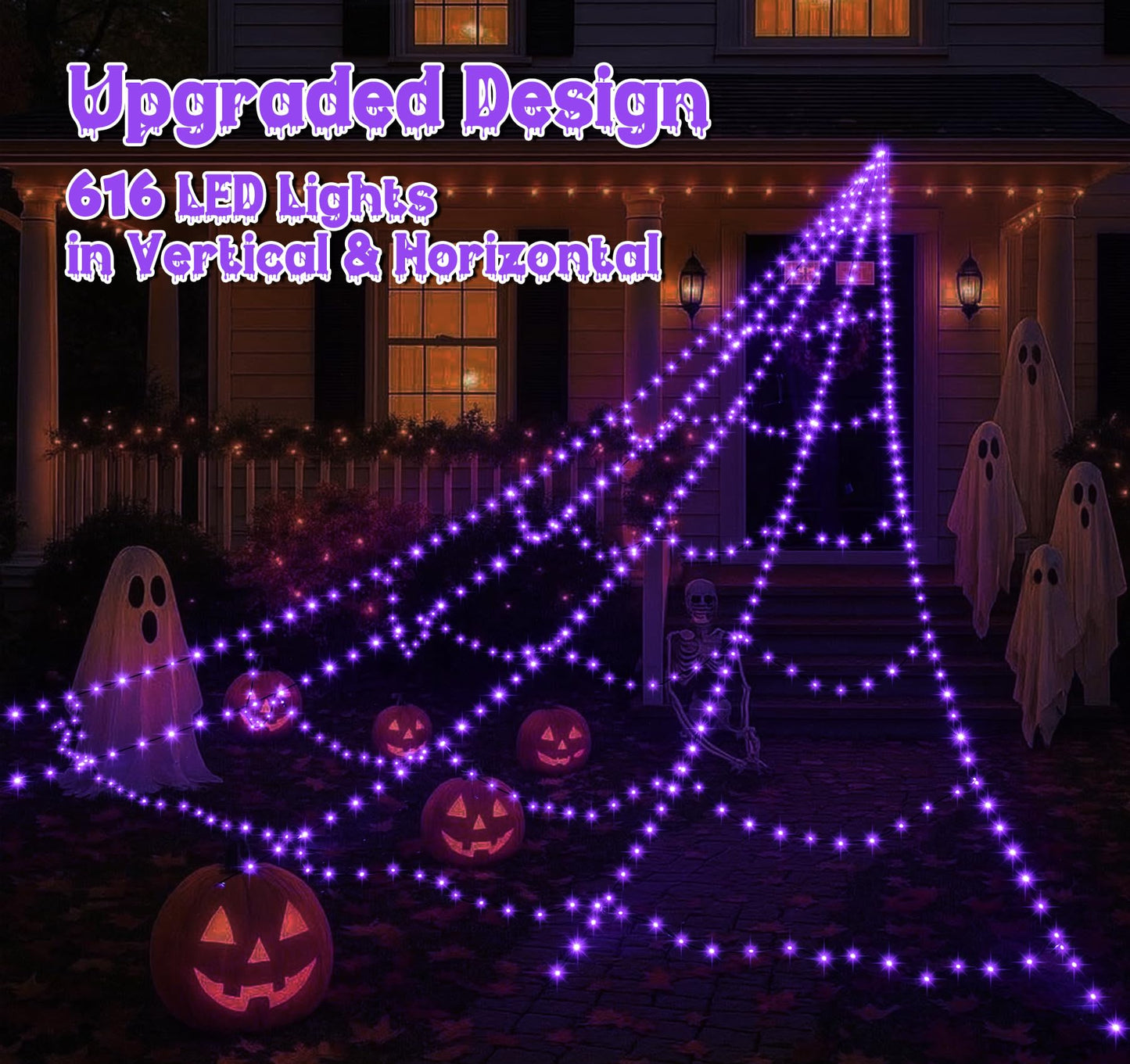 LED Spider Web Lights for Halloween Decorations Outdoor - 616 LEDs, 8 Lighting Modes, 16.4 Ft Light Up Giant Spider Webs (Purple)