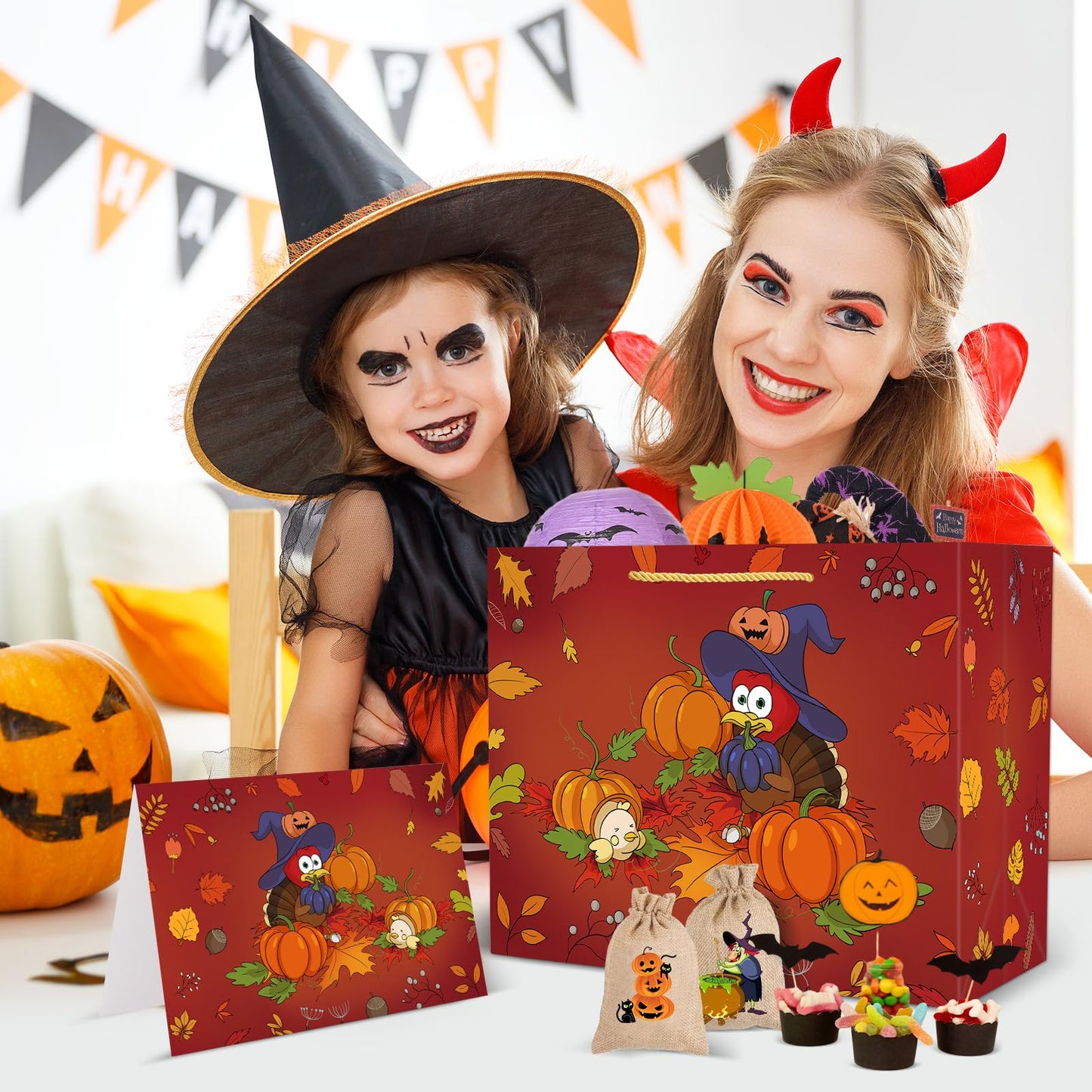 Briurdo Large Orange Happy Halloween Bag 11.8" Trick or Treat Gift Bag with Tissue Paper Greeting Card Night Pumpkin Turkey Paper Treat Bag Goodie Bags for Kids Halloween Thanksgiving Party Decorations Supplies