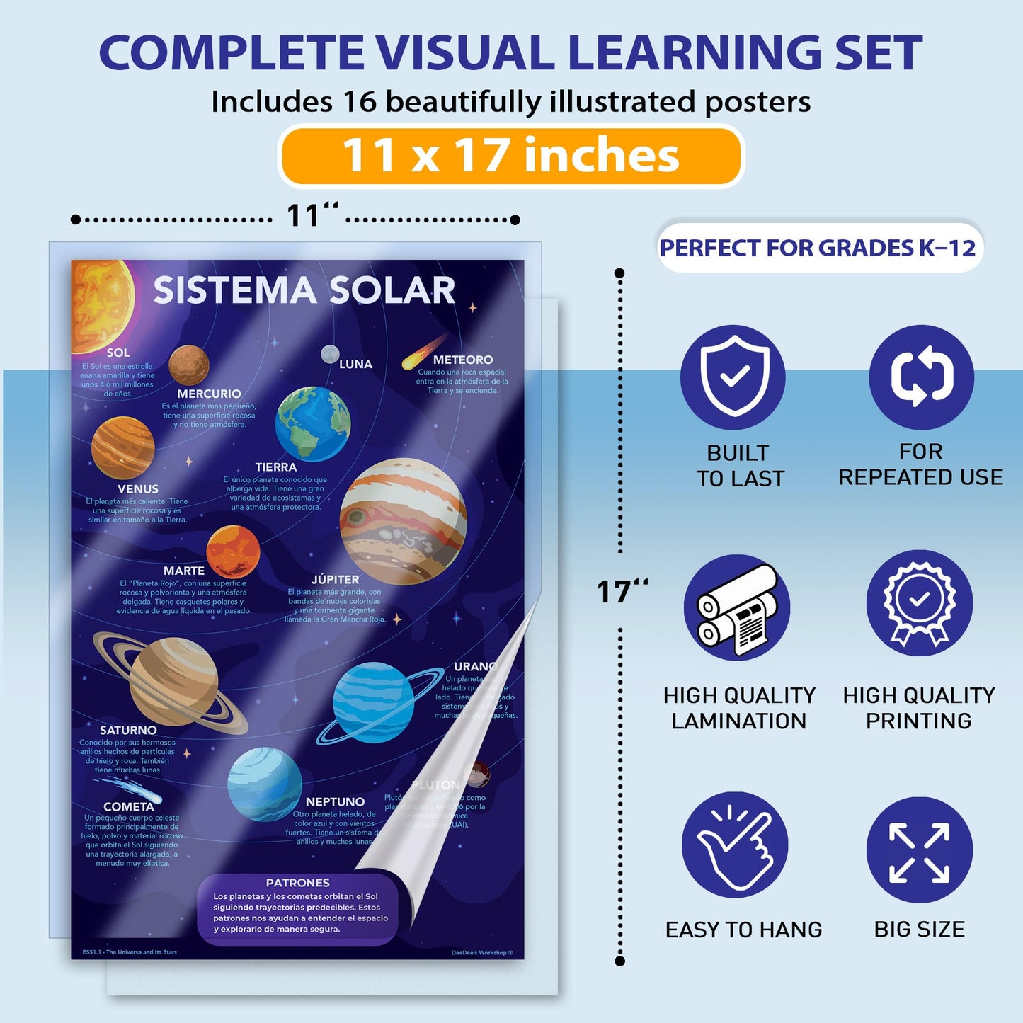 DeeDee's Workshop 16 Earth and Space Science Posters for Elementary and Middle School Classrooms, 11 x 17 Inches, National Science Standards Aligned, Vibrant Visuals (Spanish)