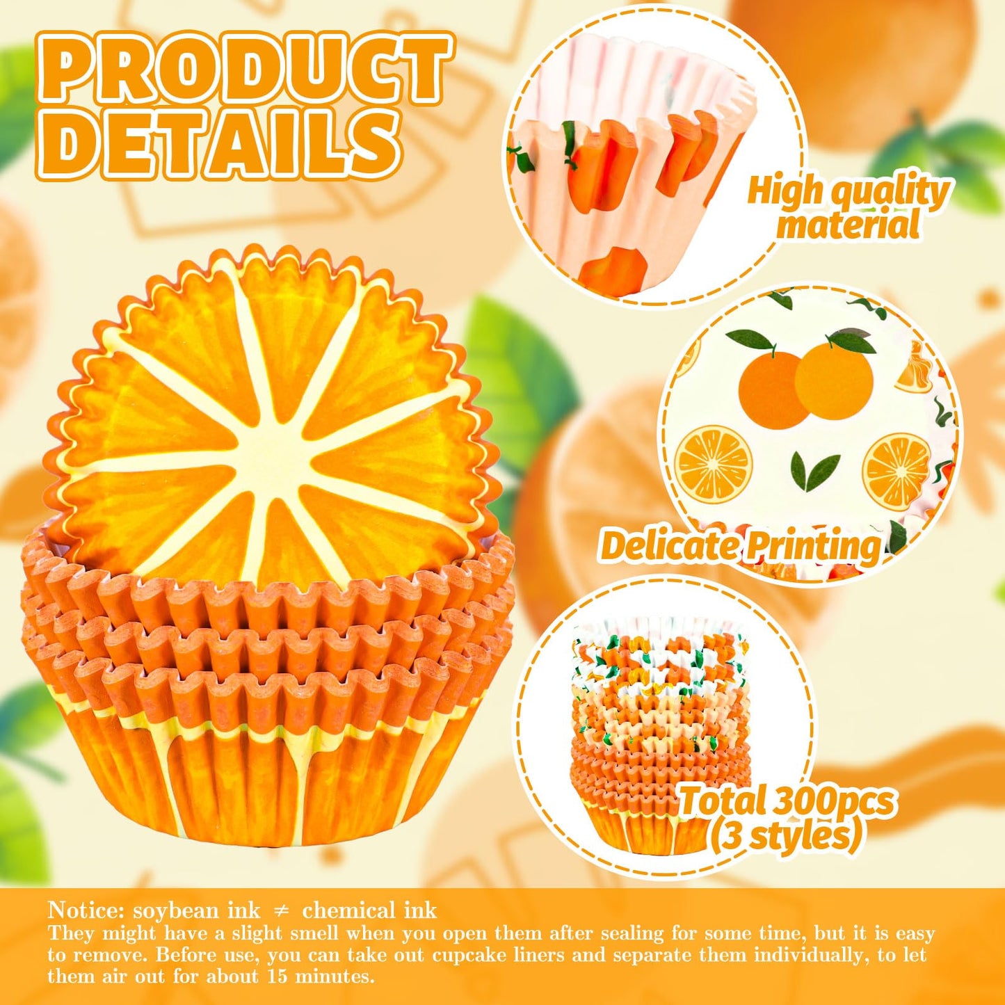 Whaline 300Pcs Orange Fruit Cupcake Liners Paper Baking Cups Summer Fruit Standard Muffin Cupcake Wrappers for Baby Shower Birthday Party Supplies