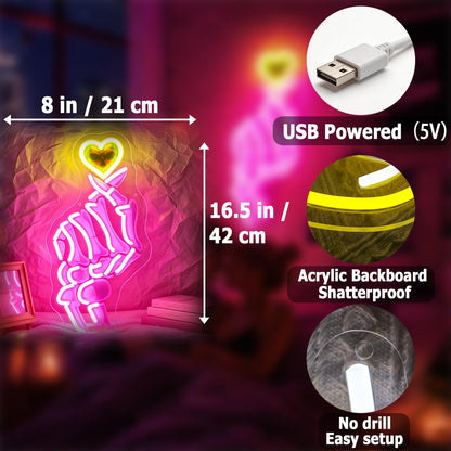 HSJNJKFU Pink & Yellow Neon Sign for Wall Decor Led Light Sign Neon Light for Room Party Home Wall Decor USB Powered - Skeleton Finger Heart