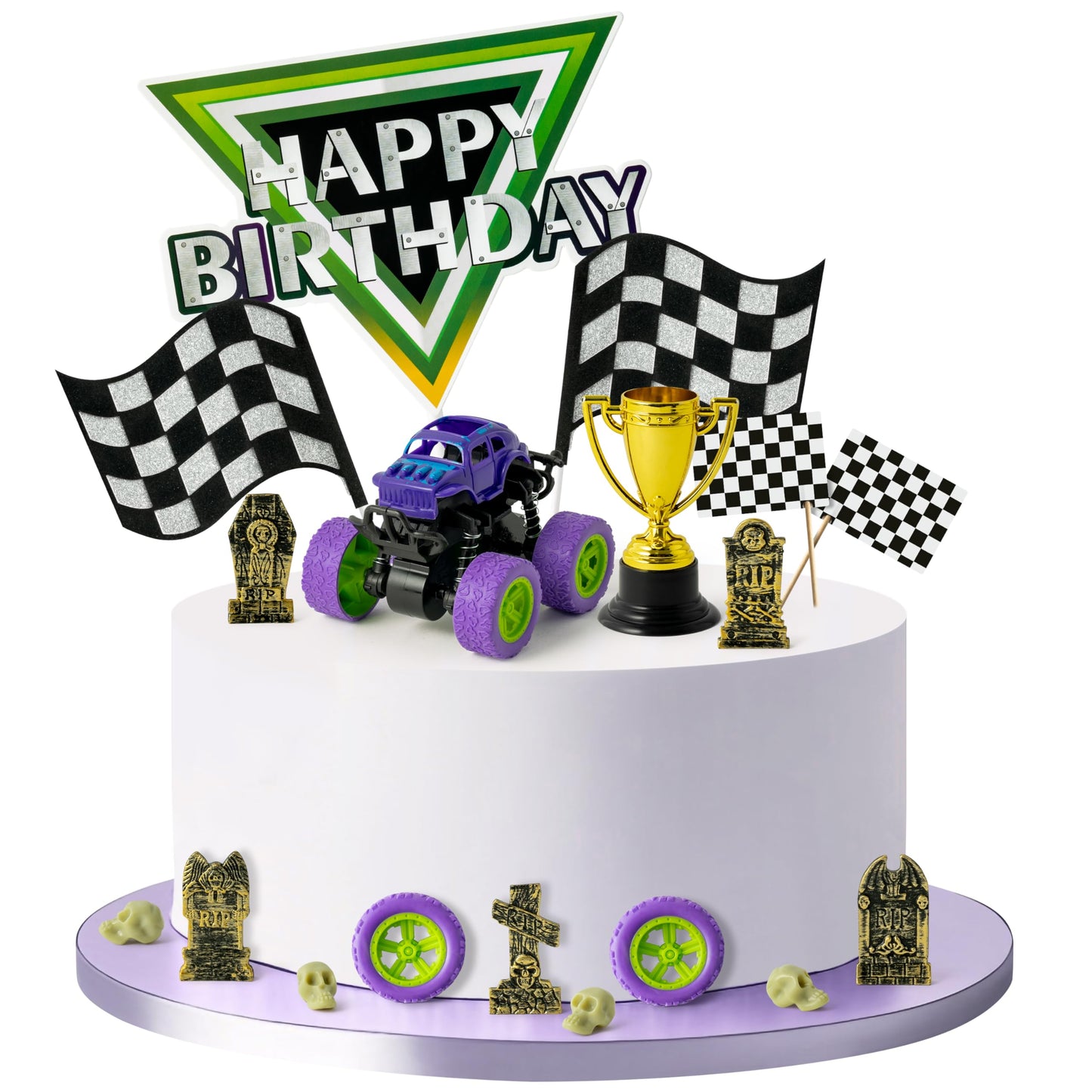 Haooryx Monster Truck Cake Topper - 40Pcs Green and Purple Monster Truck Cake Decoration Racing Car Dessert Cupcake Topper for Kid Boy Birthday Truck Theme Party Baby Shower Table Decoration Supply