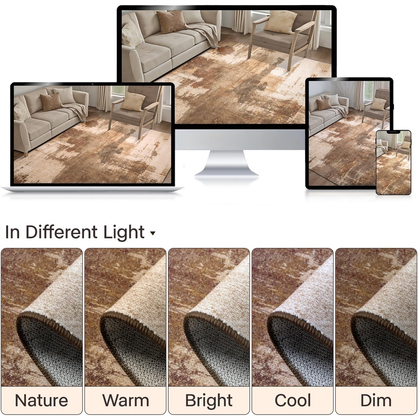 Kelarea Living Room Rug, 4x6 Rug Modern Abstract Washable Rugs Brown Foldable Faux Wool Vintage Carpets, Non Slip Rug for Bedroom, Dining Room, College Dorm, Kids Playroom, Home Office