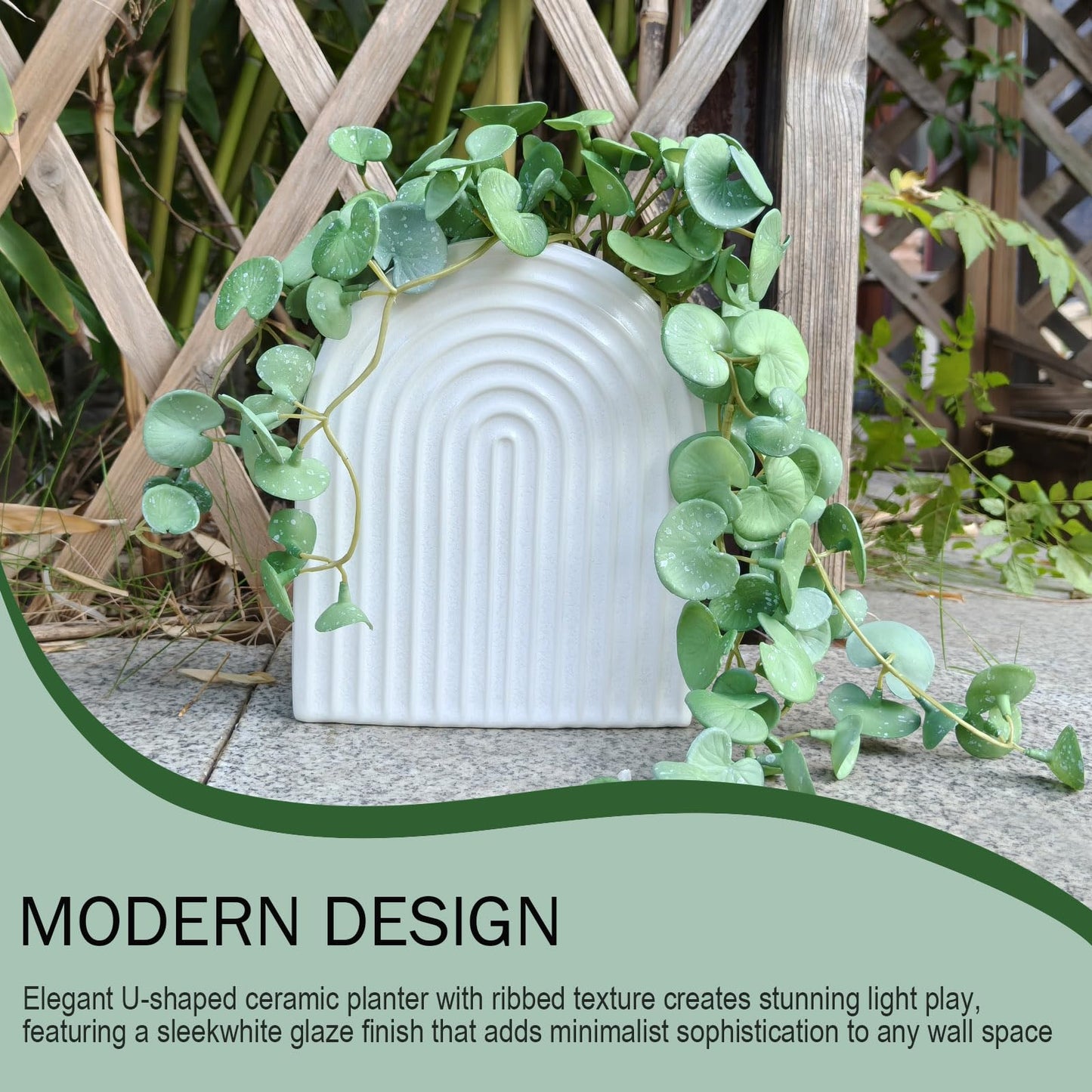 qumHmup Ceramic Wall Planter, Modern Ribbed White U-Shaped, 7.3 inch Height, Indoor Outdoor Hanging Vase with Drainage Hole, Decorative Fluted Texture