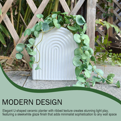 qumHmup Ceramic Wall Planter, Modern Ribbed White U-Shaped, 7.3 inch Height, Indoor Outdoor Hanging Vase with Drainage Hole, Decorative Fluted Texture