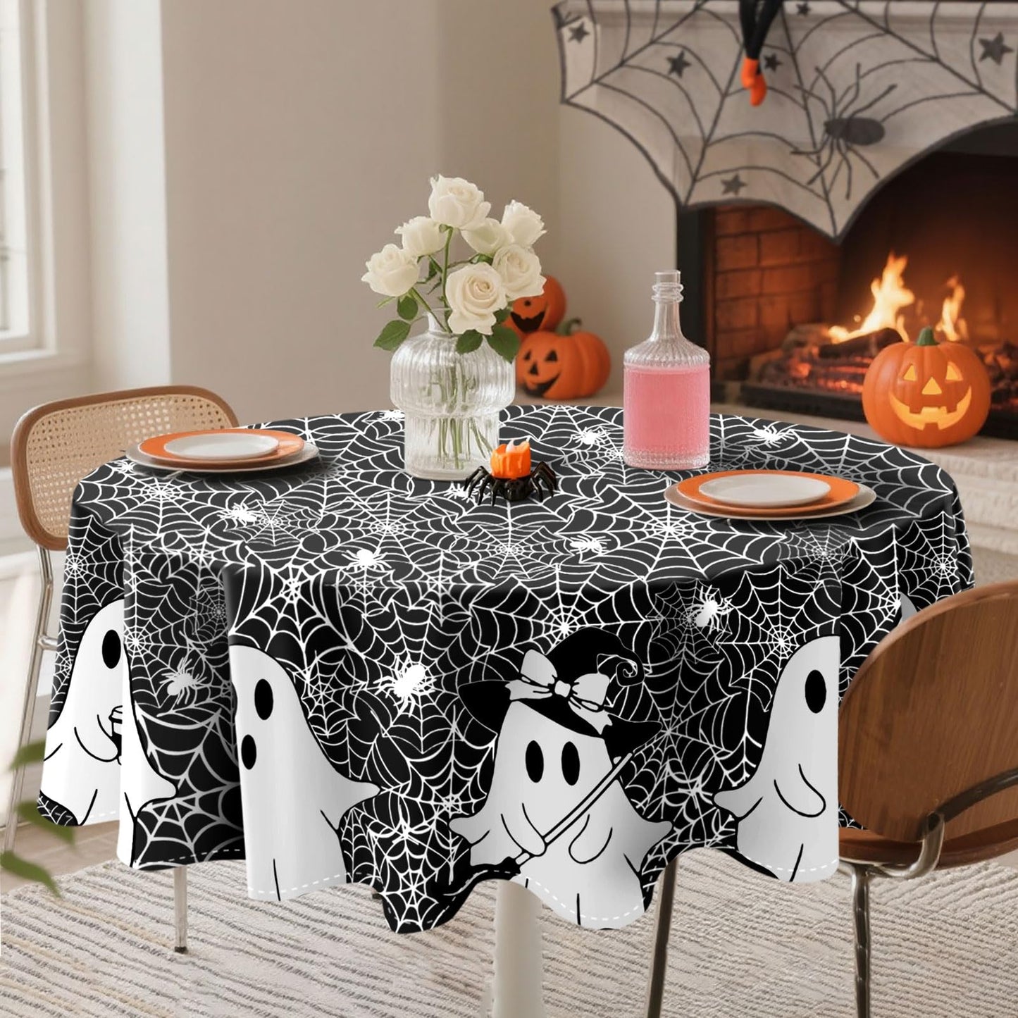 QIALETS Halloween Tablecloth Round 60 Inch Spooky Ghost Spider Web Black Table Covers Washable for Indoor Outdoor Dining Home Party Holiday Decorations