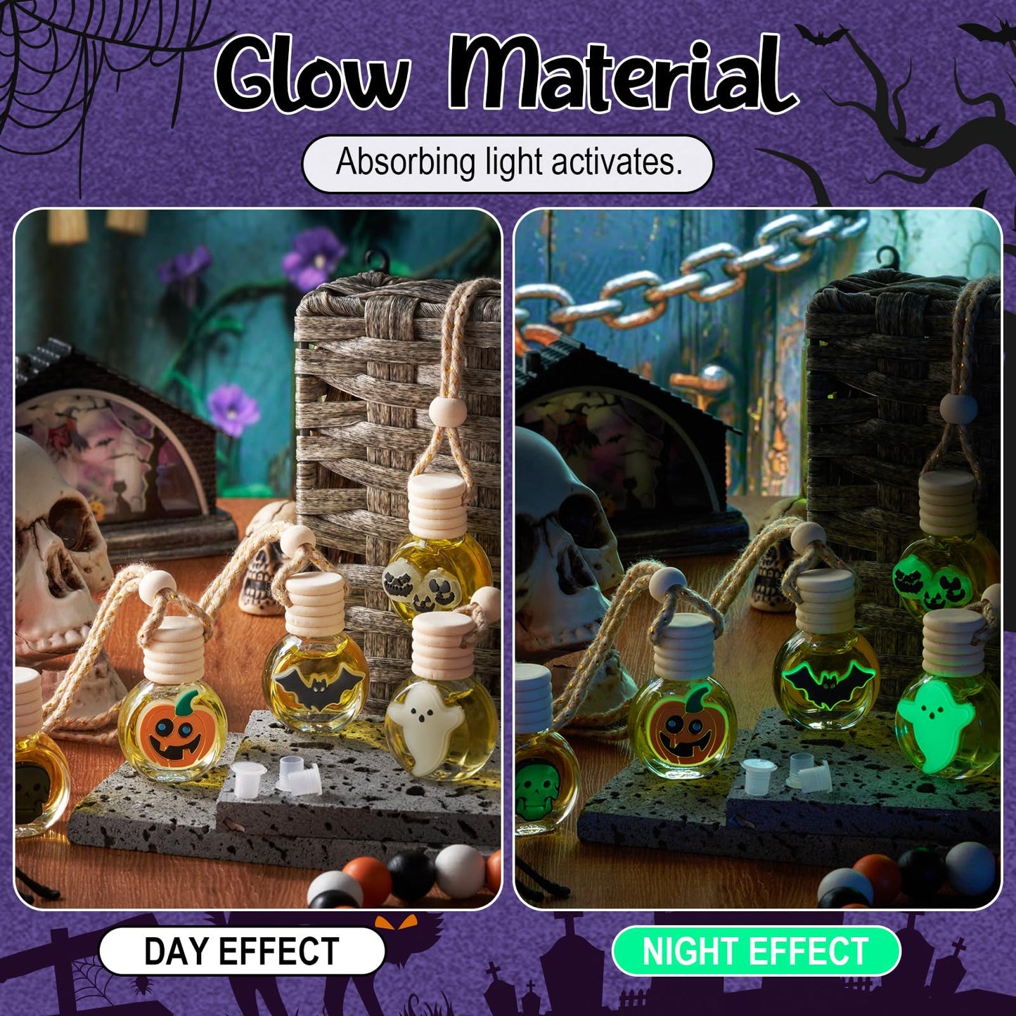 Sunnychicc 10 Pcs 10ml Ghost Car Hanging Air Freshener Diffuser Perfume Bottles with Glow in The Dark Skull Ghost Bat Pumpkin Spice Refillable Empty Glass Essential Oil Pendant for Car (Halloween)