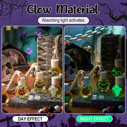 Sunnychicc 10 Pcs 10ml Ghost Car Hanging Air Freshener Diffuser Perfume Bottles with Glow in The Dark Skull Ghost Bat Pumpkin Spice Refillable Empty Glass Essential Oil Pendant for Car (Halloween)