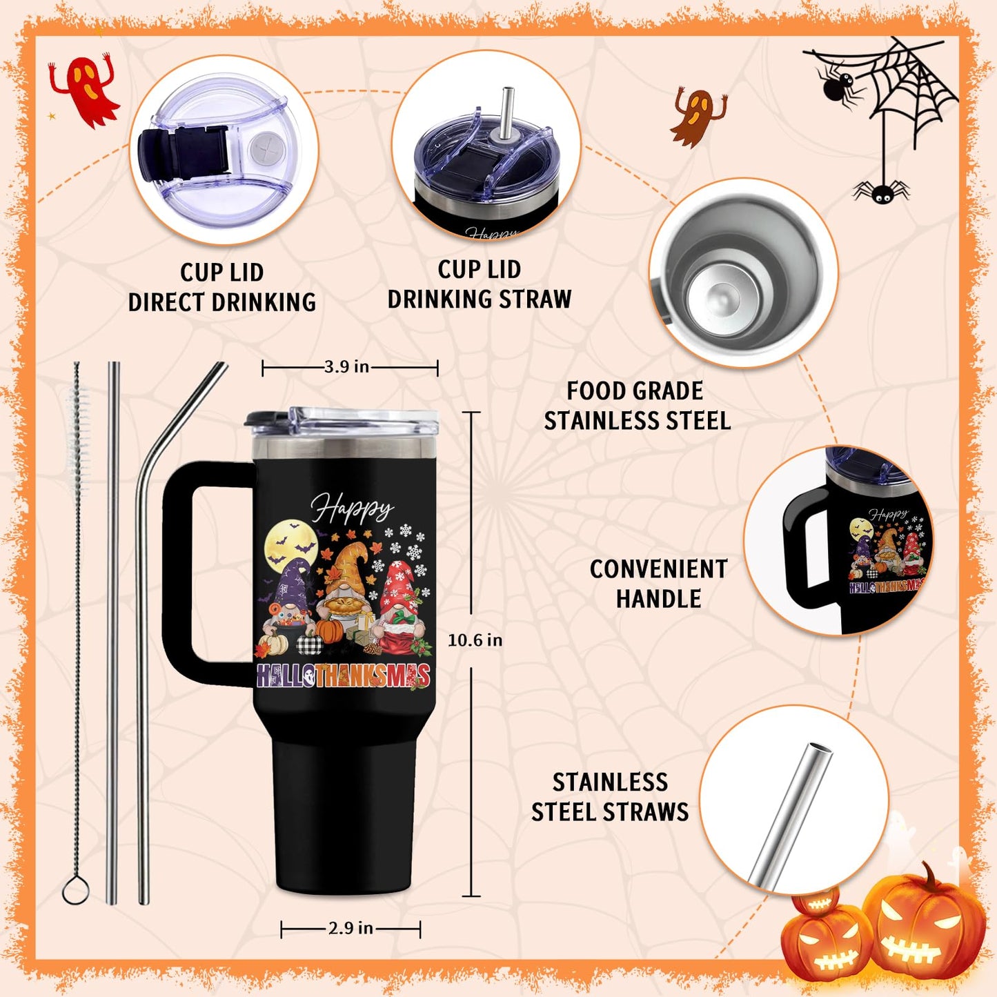 Uibunoo Christmas Tumbler with Handle, Gnome Gifts for Women Men, 40 Oz Fall Gnome Pumpkin Travel Tumbler Coffee Cup Water Bottle, Autumn Thanksgiving Christmas Party Gift for Women, 1 PCS
