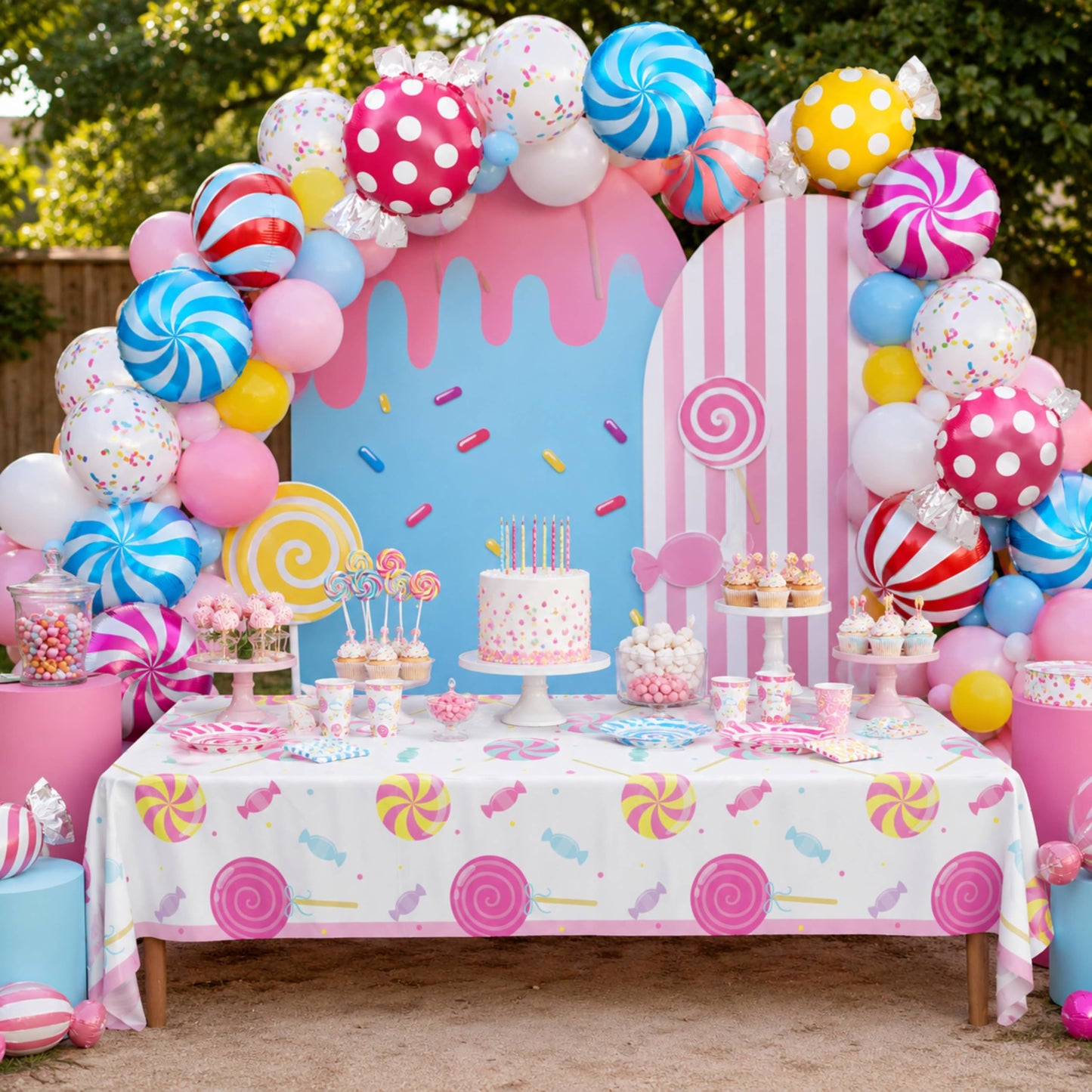 Blue Orchards Candy Table Covers (Pack of 3) - 54"x108" XL - Table Cloth, Party Supplies, Decorations, Lollipop Birthday Party, Halloween Candyland Theme Disposable Plastic Tablecloth Pack