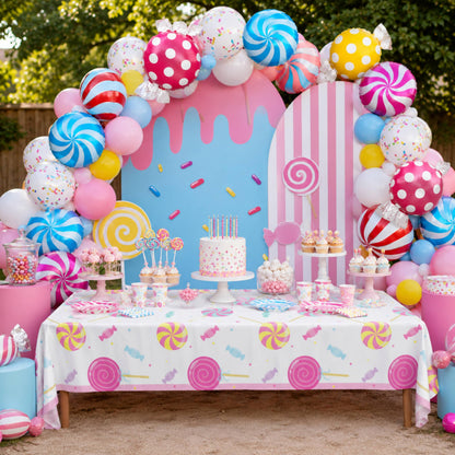 Blue Orchards Candy Table Covers (Pack of 3) - 54"x108" XL - Table Cloth, Party Supplies, Decorations, Lollipop Birthday Party, Halloween Candyland Theme Disposable Plastic Tablecloth Pack