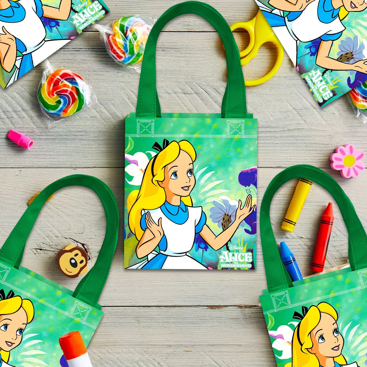 Disney Alice in Wonderland Party Favor Bags Set – 24 Pack 8" Goodie Bags for Kids Bulk Reusable Mini Totes Alice in Wonderland Birthday Party Supplies