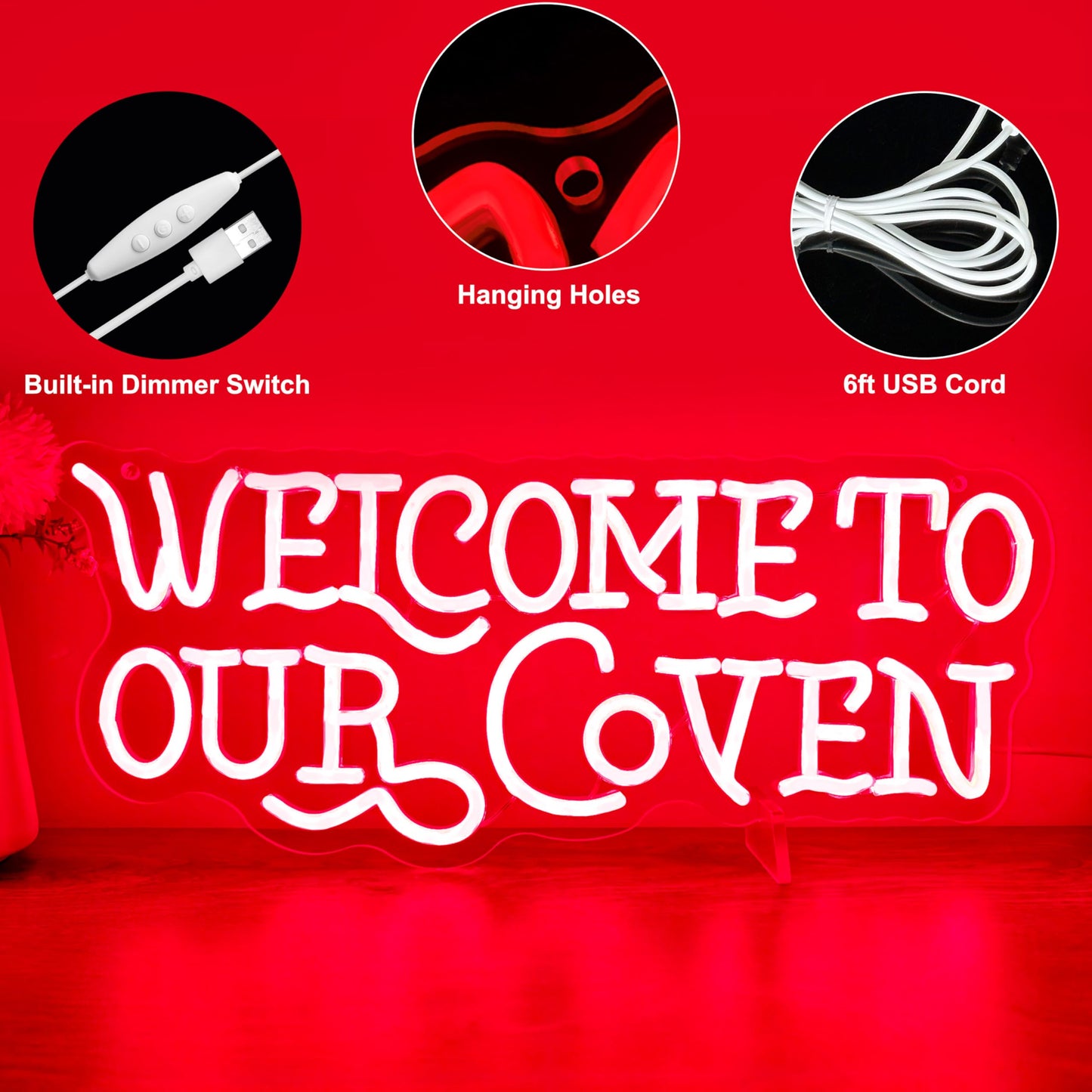 Welcome to Our Coven Red Neon Sign Witchy Room Decor Gothic Aesthetic Light Mystical Gift USB Powered with Dimmer for Bedroom Home Party Wall Decor