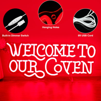 Welcome to Our Coven Red Neon Sign Witchy Room Decor Gothic Aesthetic Light Mystical Gift USB Powered with Dimmer for Bedroom Home Party Wall Decor