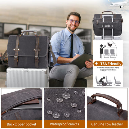 Wogarl 15.6 Inch Messenger Bag for Men Genuine Leather Waxed Canvas Briefcase Large Computer Laptop Bag, Satchel Shoulder Handbags Crossbody Bags for Work (Grey Black)